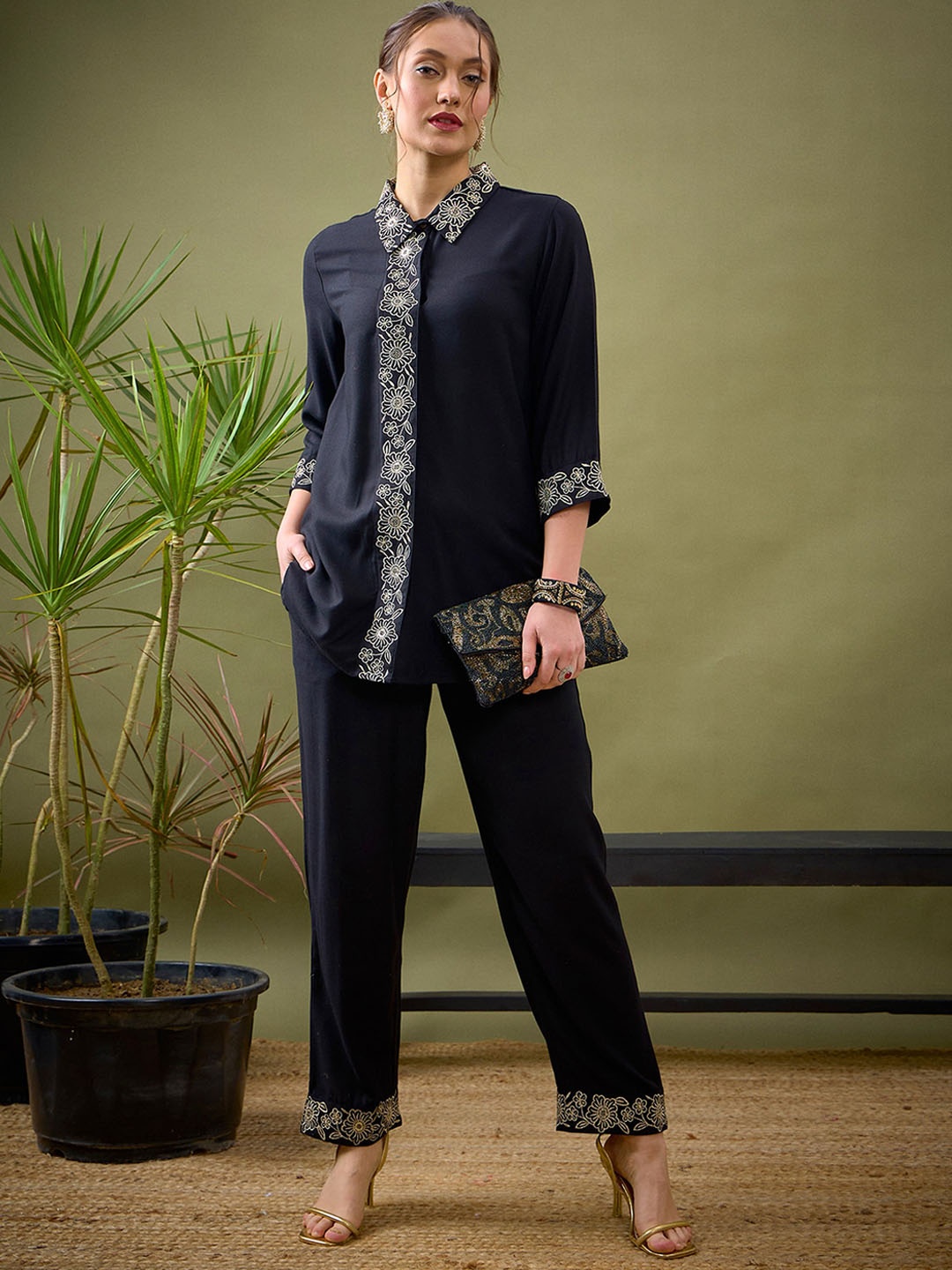 

Shae by SASSAFRAS Black Embroidered Shirt With Palazzos Co-Ords