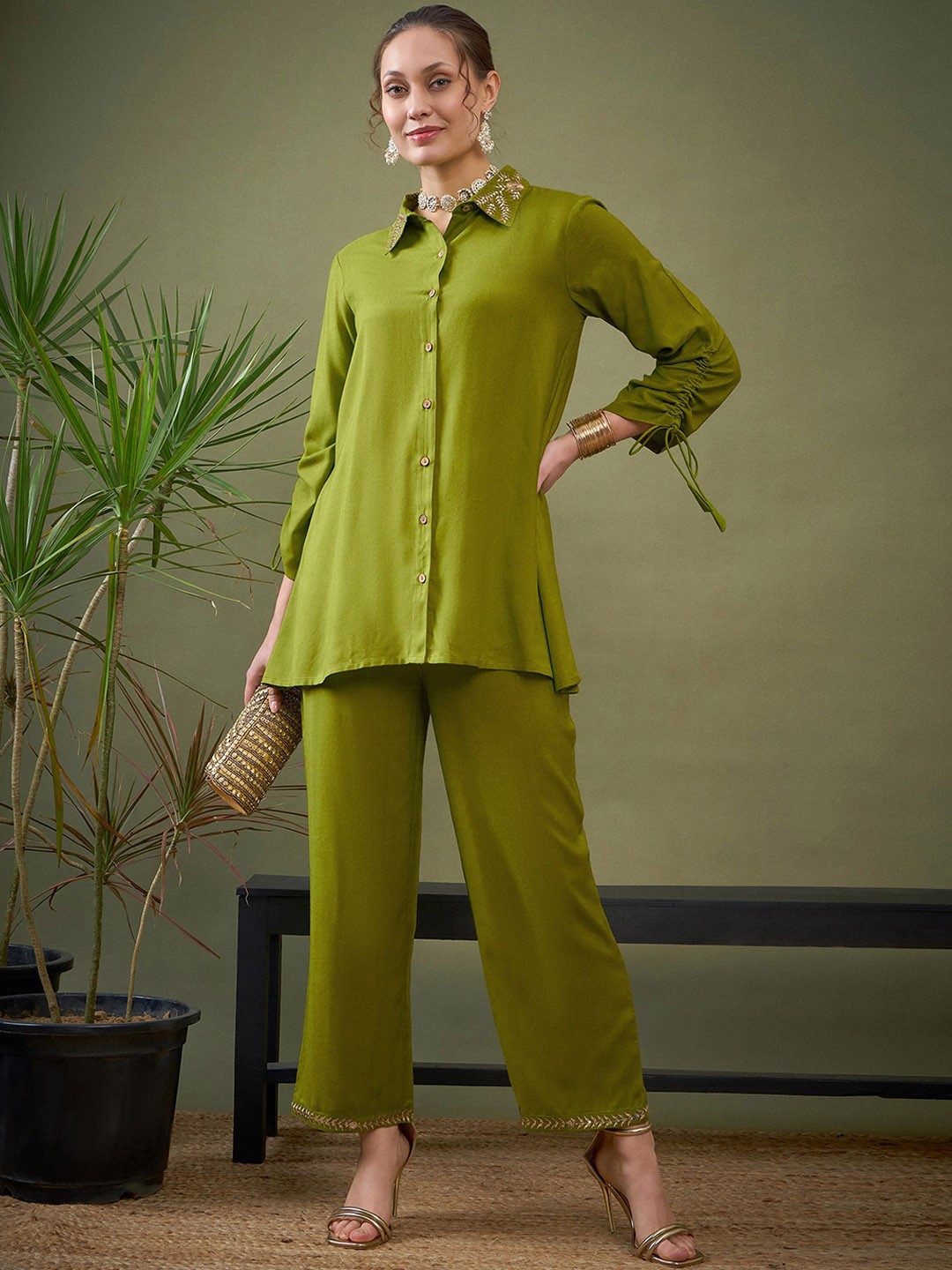 

Shae by SASSAFRAS Green Embroidered Shirt With Palazzos Co-Ords