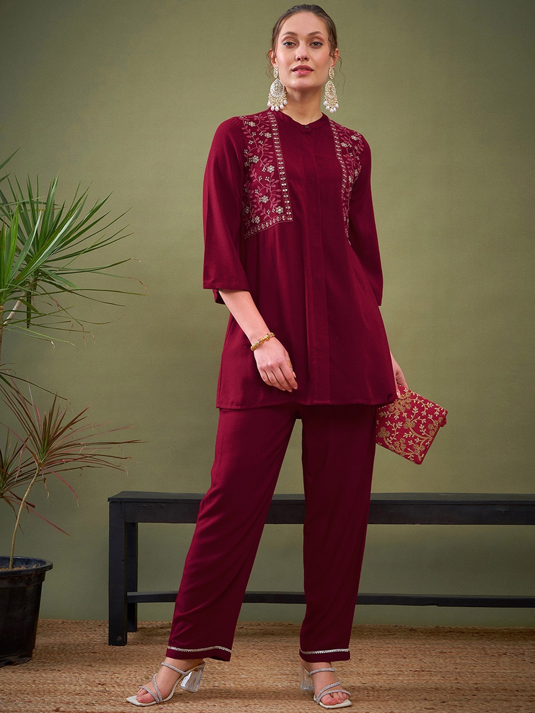 

Shae by SASSAFRAS Maroon Embroidered Shirt With Palazzos Co-Ords