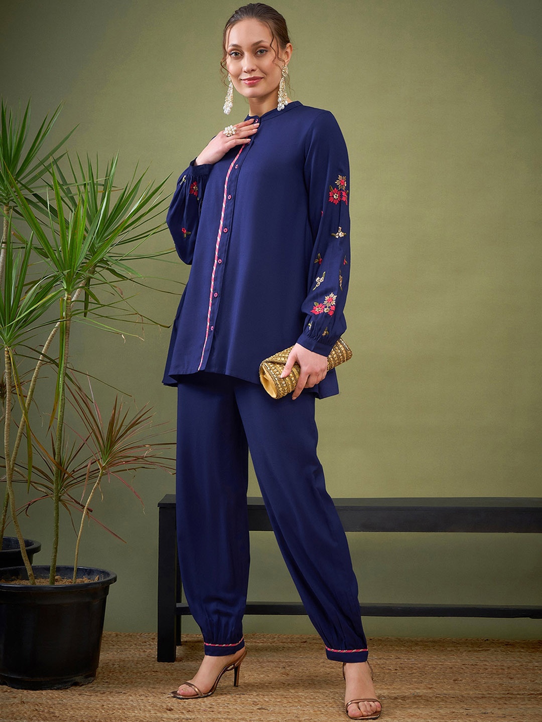 

Shae by SASSAFRAS Blue Embroidered Shirt With Palazzos Co-Ords