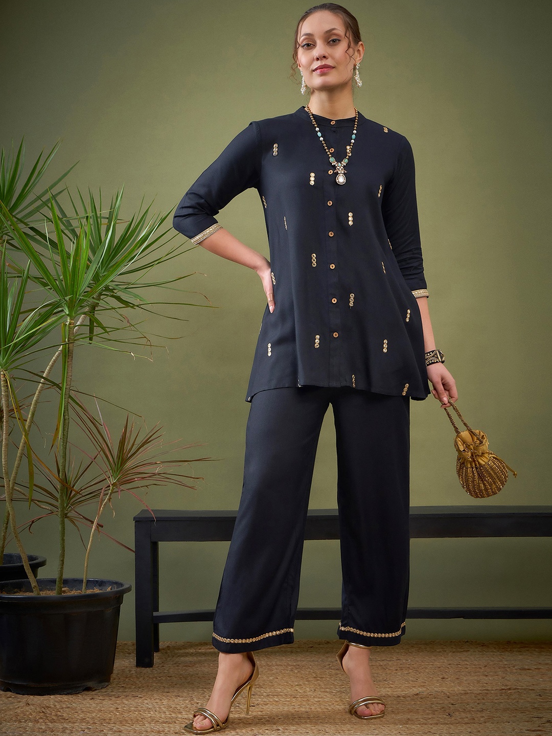 

Shae by SASSAFRAS Black Embroidered Shirt With Palazzos Co-Ords