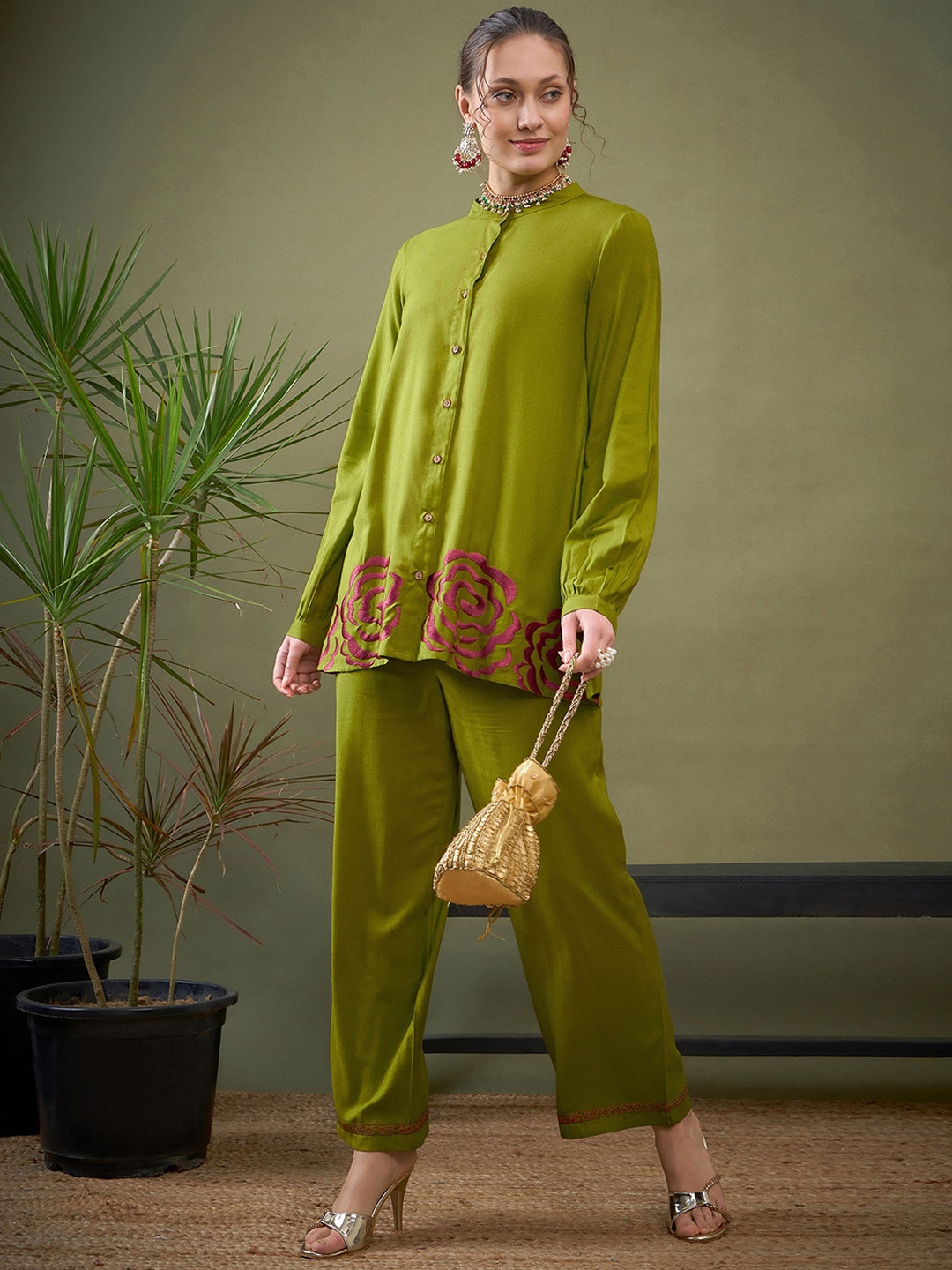 

Shae by SASSAFRAS Green Embroidered Shirt With Palazzos Co-Ords