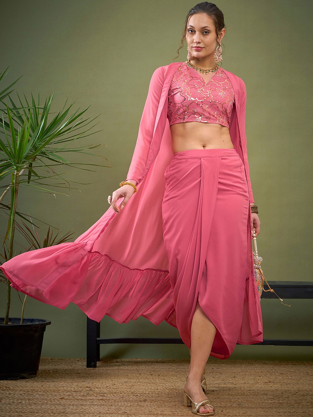 

Shae by SASSAFRAS Pink Embroidered Crop Top With Shrug & Dhoti Skirt Co-Ords