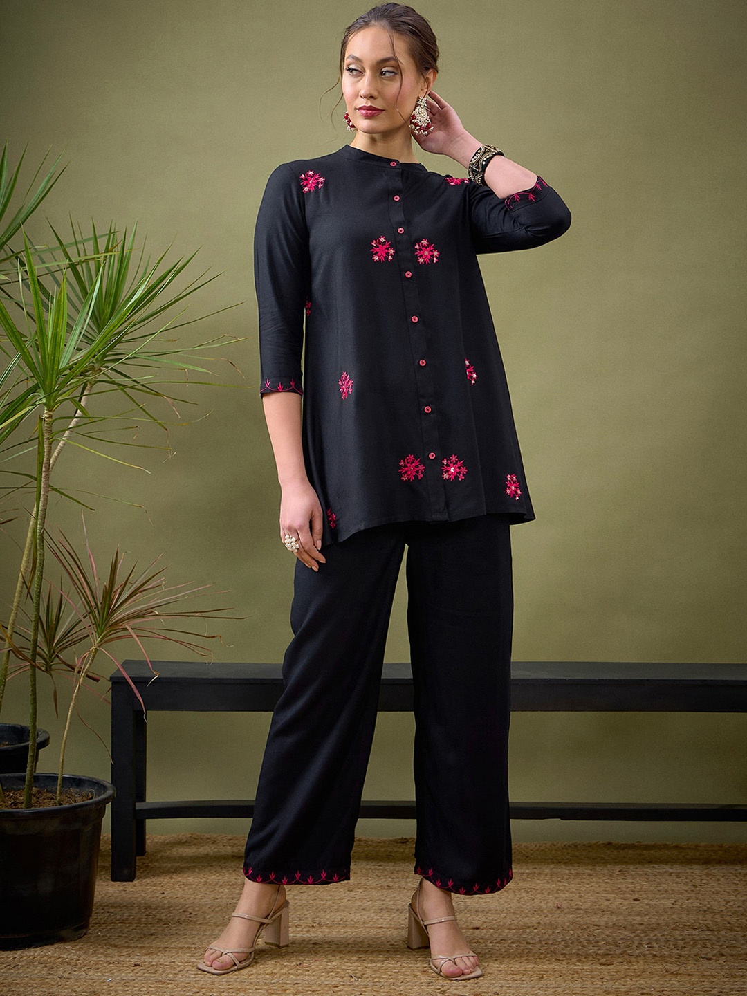 

Shae by SASSAFRAS Black Embroidered Shirt With Palazzos Co-Ords