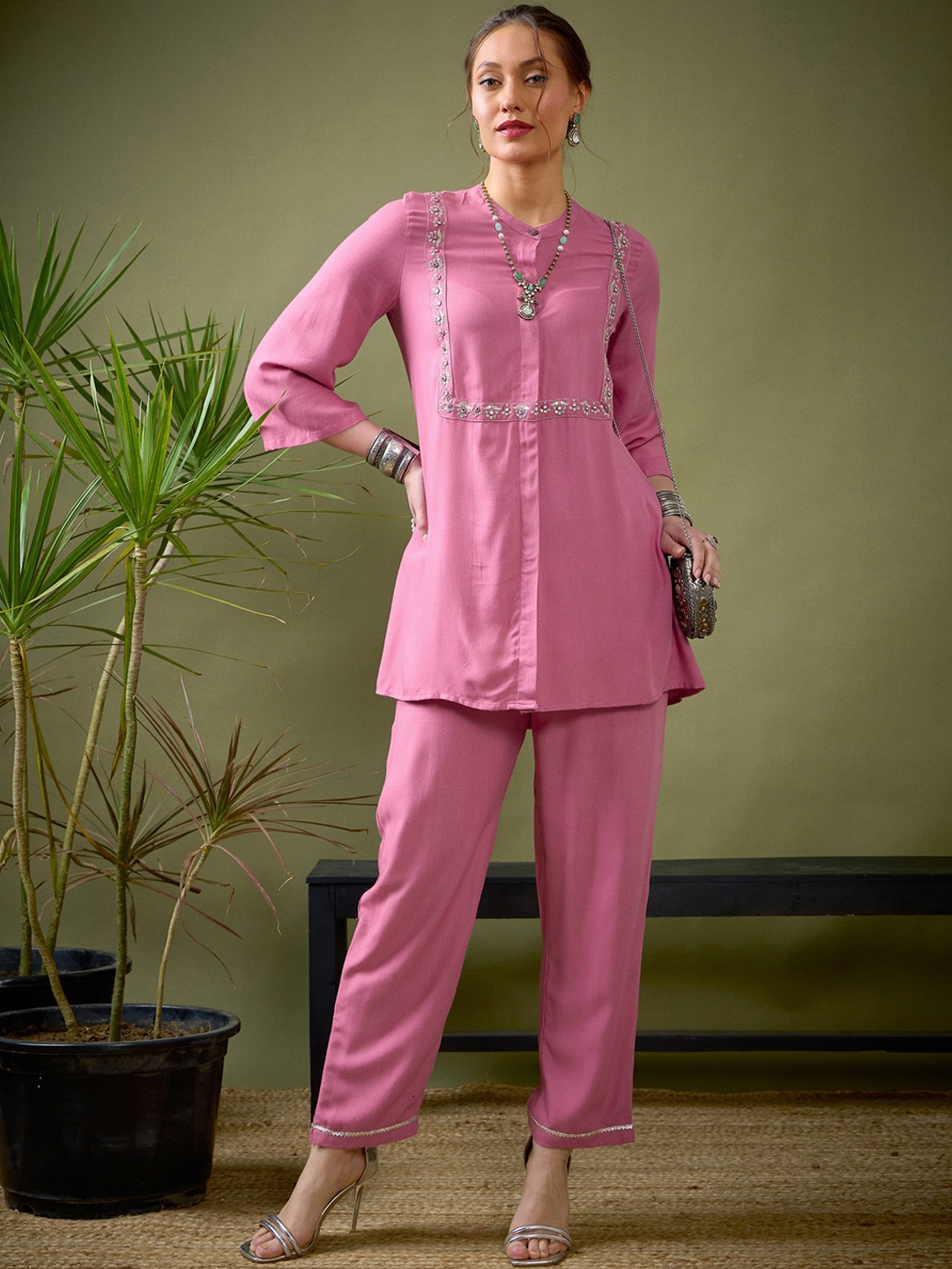 

Shae by SASSAFRAS Pink Embroidered Shirt With Palazzos Co-Ords