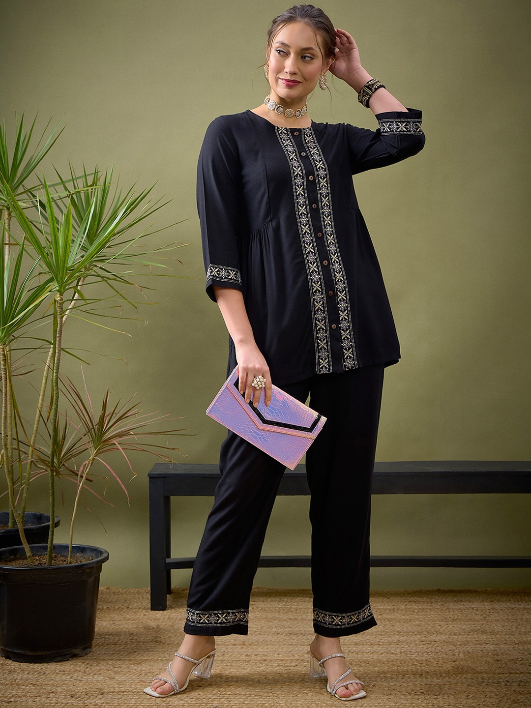 

Shae by SASSAFRAS Black Embroidered Shirt With Palazzos Co-Ords