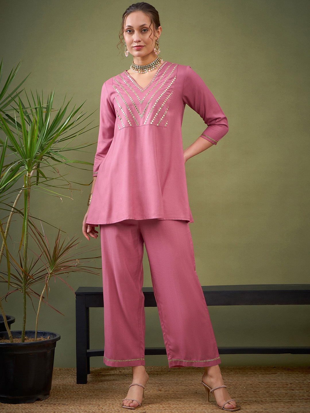 

Shae by SASSAFRAS Pink Embroidered Top With Palazzos Co-Ords