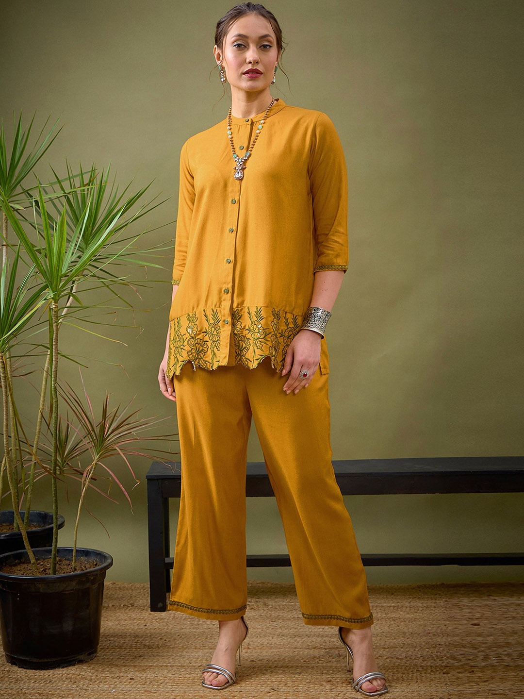 

Shae by SASSAFRAS Mustard Yellow Embroidered Shirt With Palazzos Co-Ords