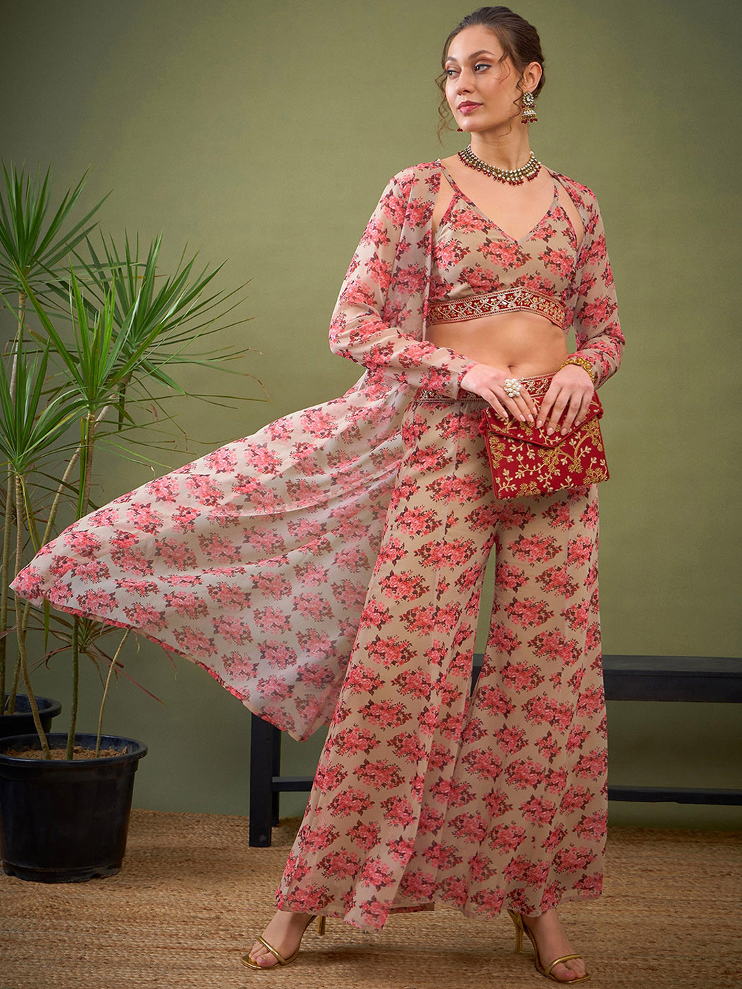 

Shae by SASSAFRAS Beige Floral Printed Top Shrug & Palazzos Co-Ords