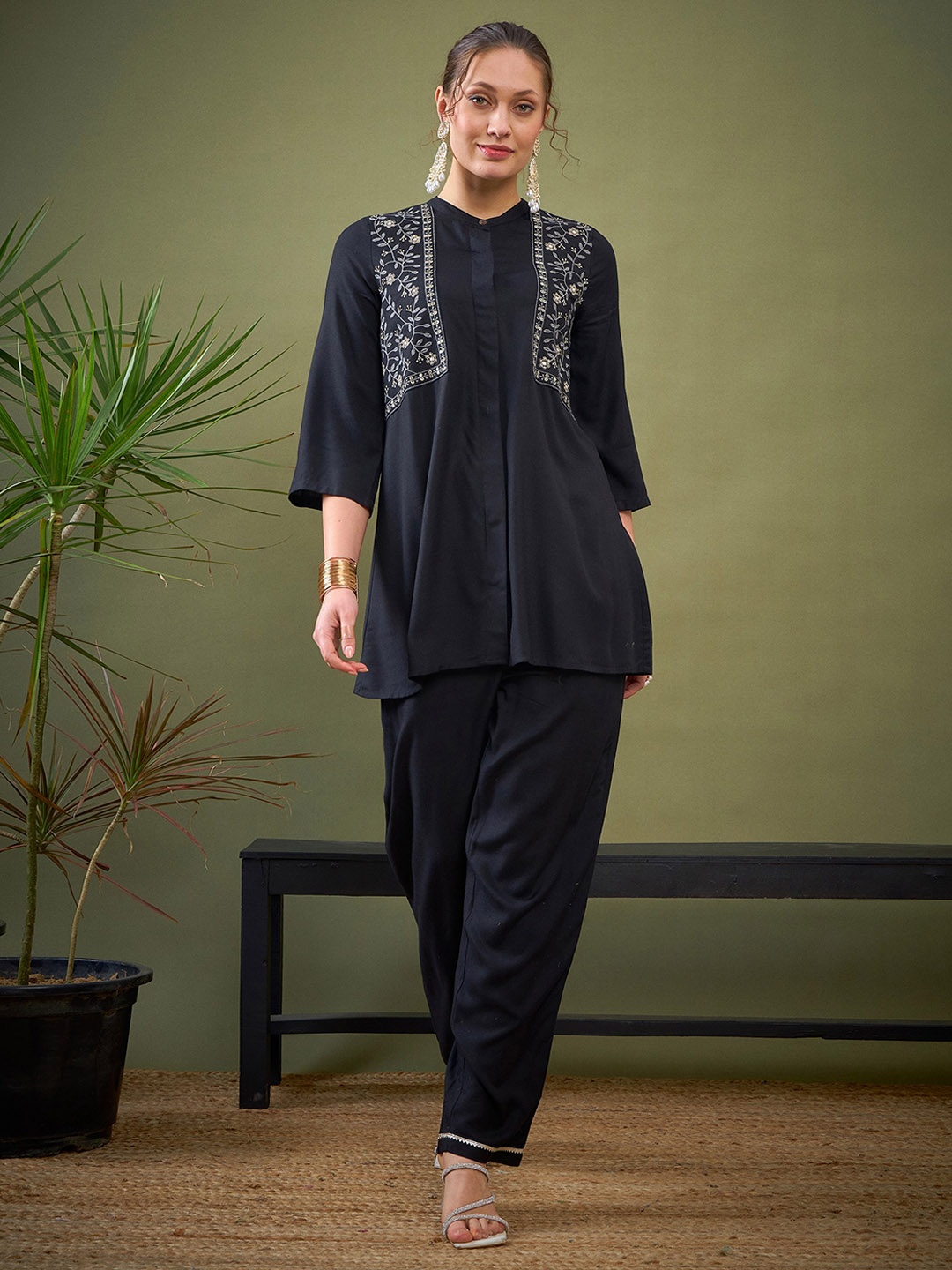 

Shae by SASSAFRAS Black Embroidered Shirt With Palazzos Co-Ords