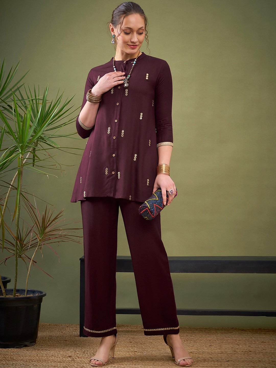 

Shae by SASSAFRAS Burgundy Embroidered Tunic With Trouser Ethnic Co-Ords
