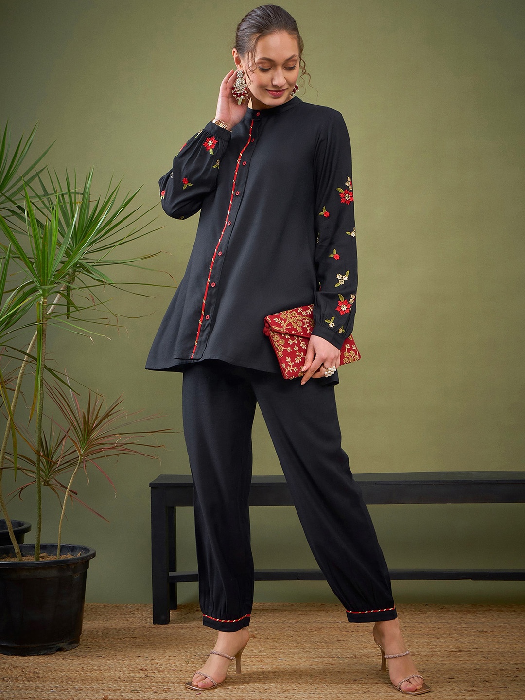 

Shae by SASSAFRAS Black Embroidered Shirt With Trousers Co-Ords