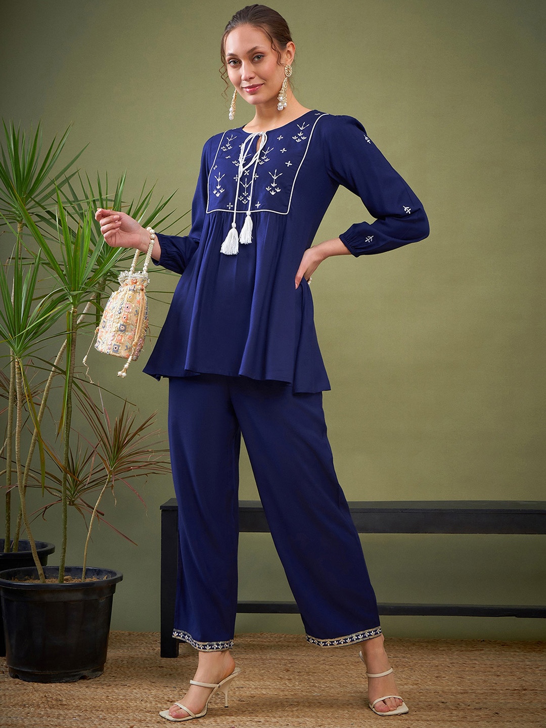 

Shae by SASSAFRAS Blue Embroidered Peplum Top With Palazzos Co-Ords