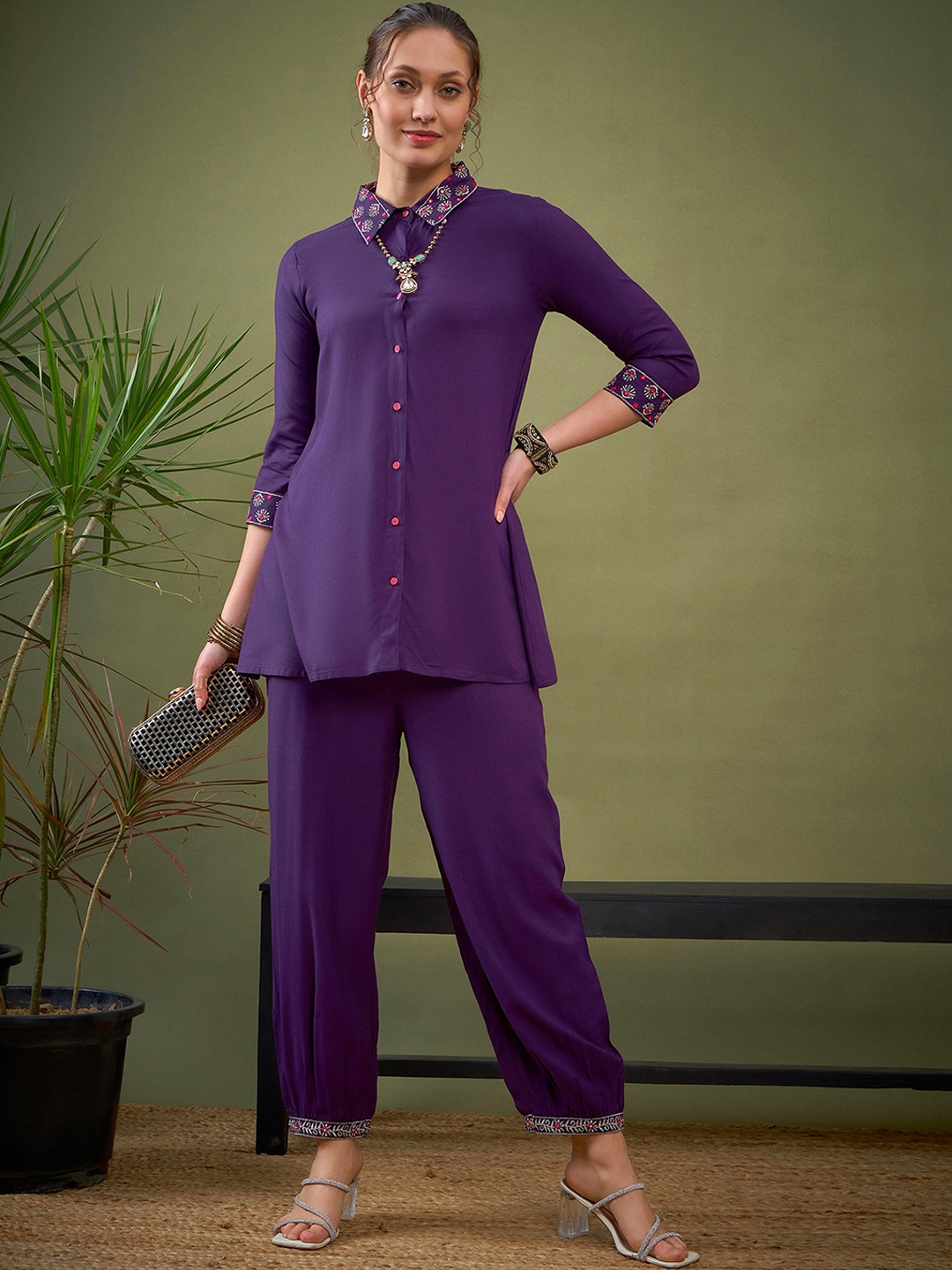 

Shae by SASSAFRAS Purple Embroidered Shirt With Palazzos Co-Ords