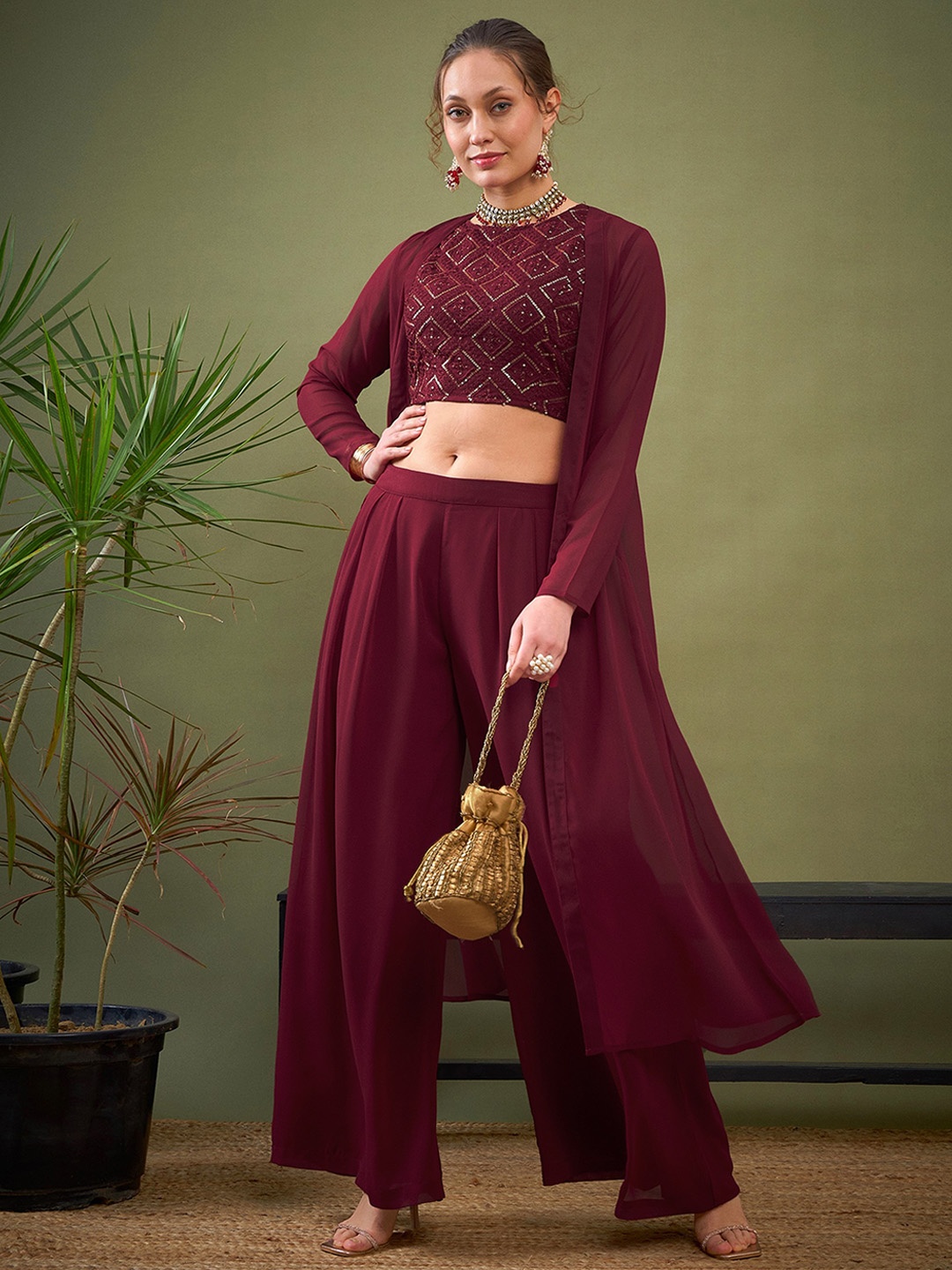 

Shae by SASSAFRAS Maroon Embroidered Round Neck Crop Top & Flared Palazzo & Shrug Co-Ords