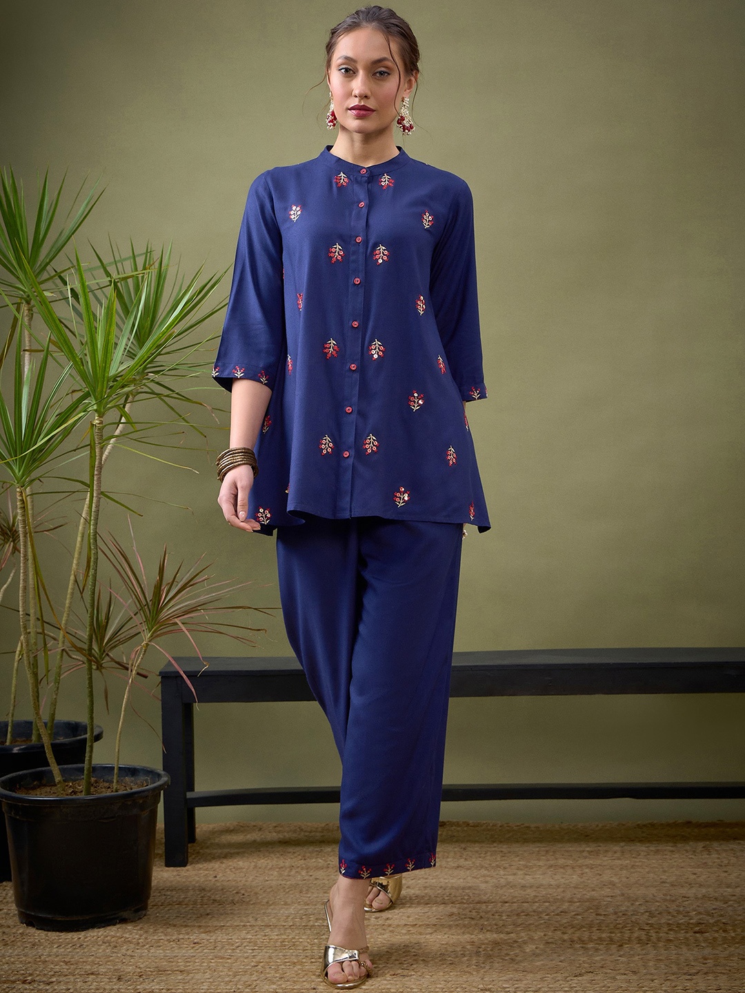 

Shae by SASSAFRAS Blue Embroidered Shirt With Palazzos Co-Ords