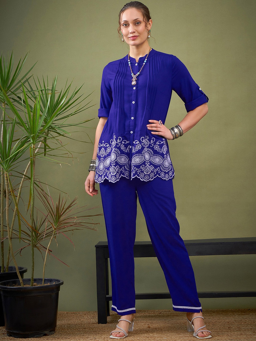 

Shae by SASSAFRAS Blue Embroidered Shirt With Palazzos