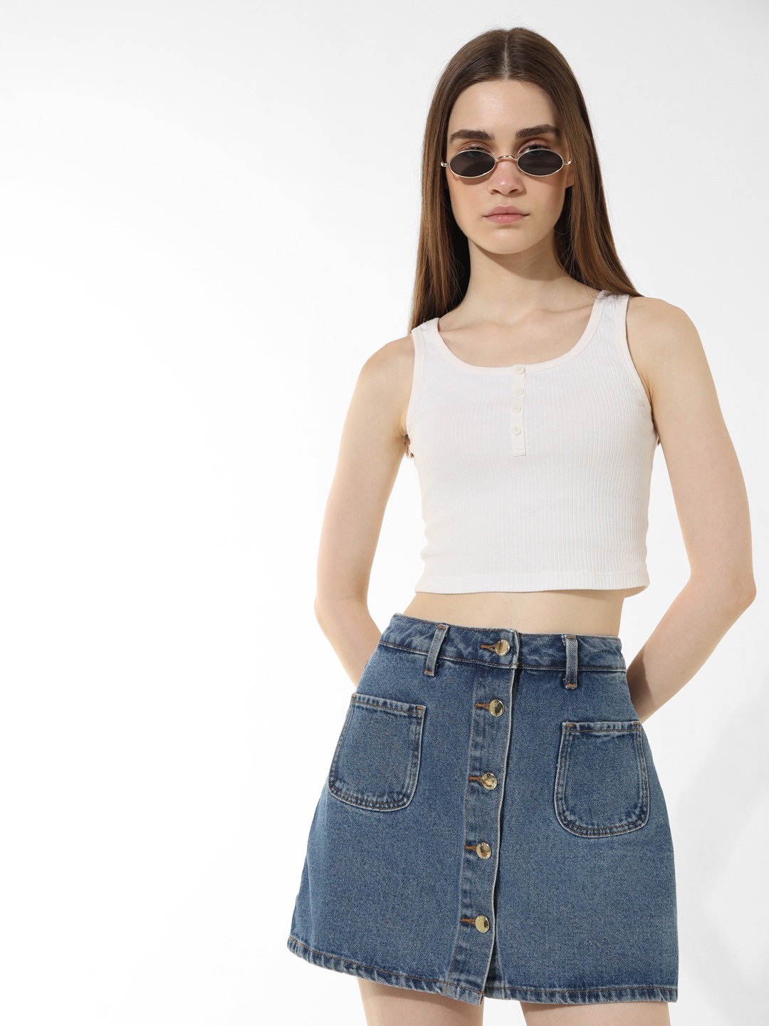 

ONLY Pockets Detailed High Rise Denim Mini Skorts, Blue