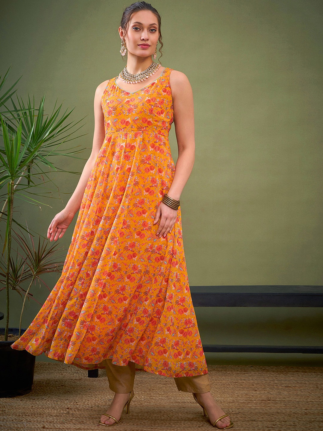

Shae by SASSAFRAS Women Ethnic Motifs Printed Floral Georgette Kurta, Yellow