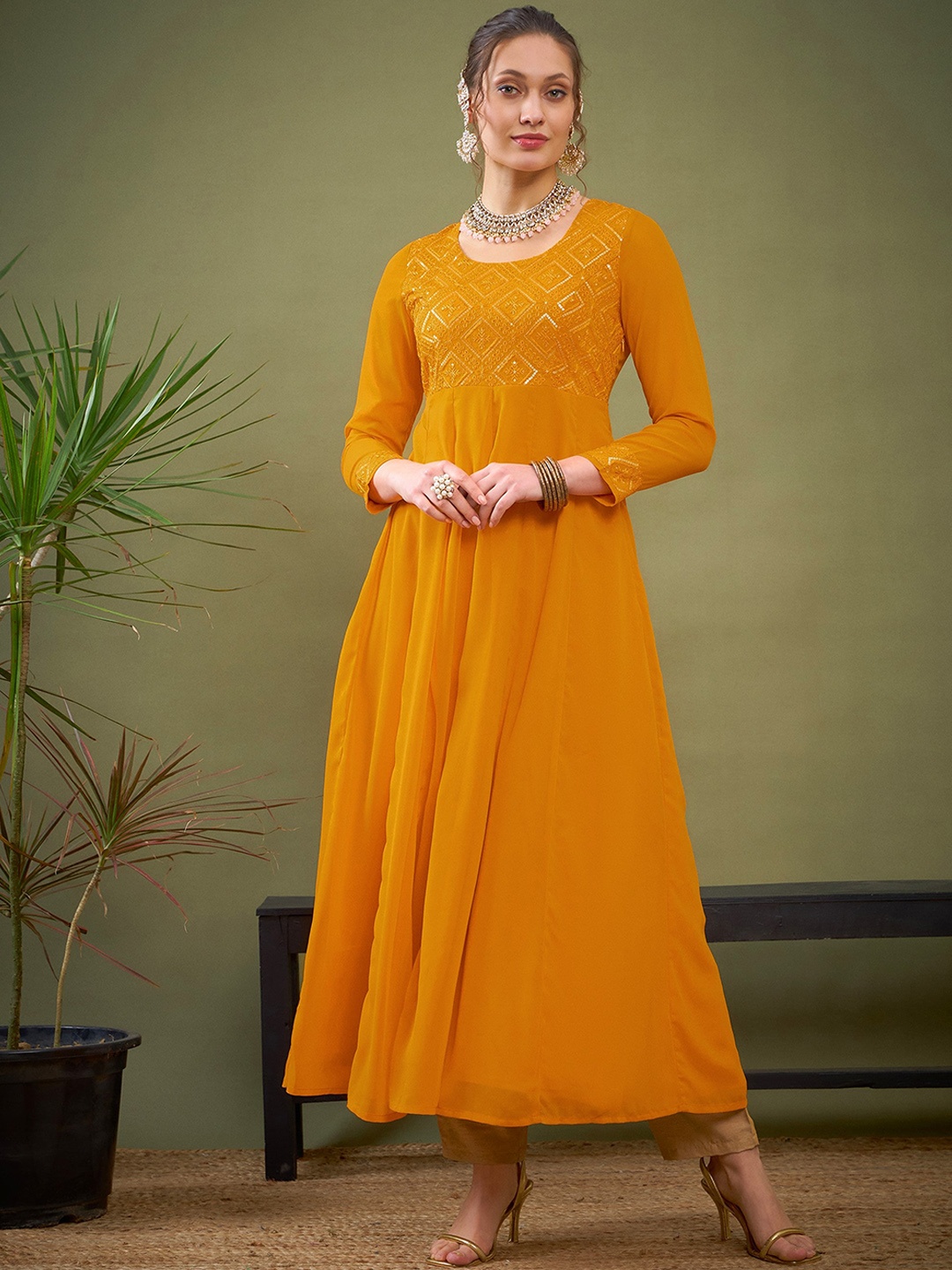 

Shae by SASSAFRAS Women Embroidered Flared Sleeves Mirror Work Summer Sheers Georgette Kurta, Mustard