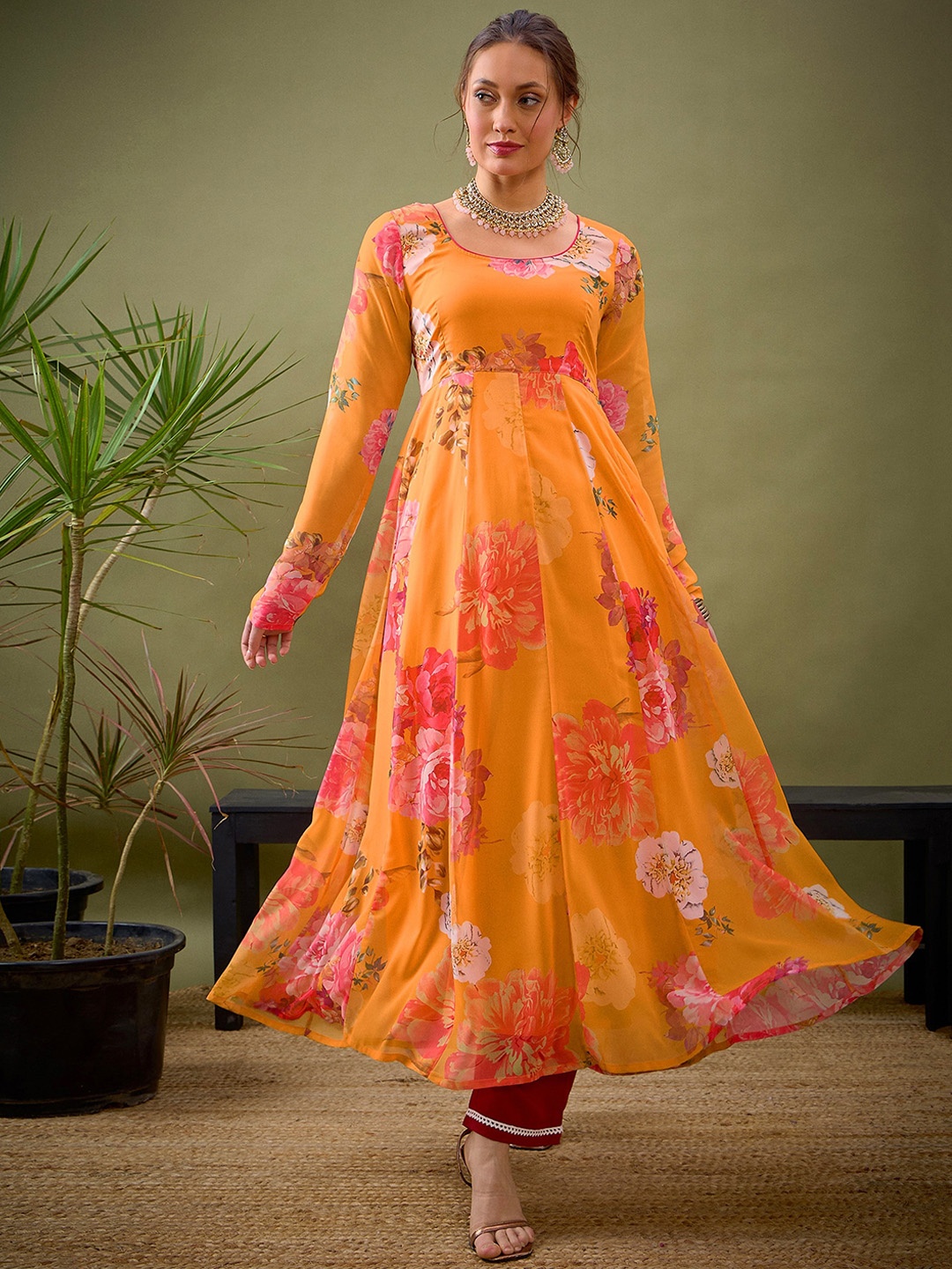 Shae by SASSAFRAS Women Printed Floral Georgette Kurta, Yellow