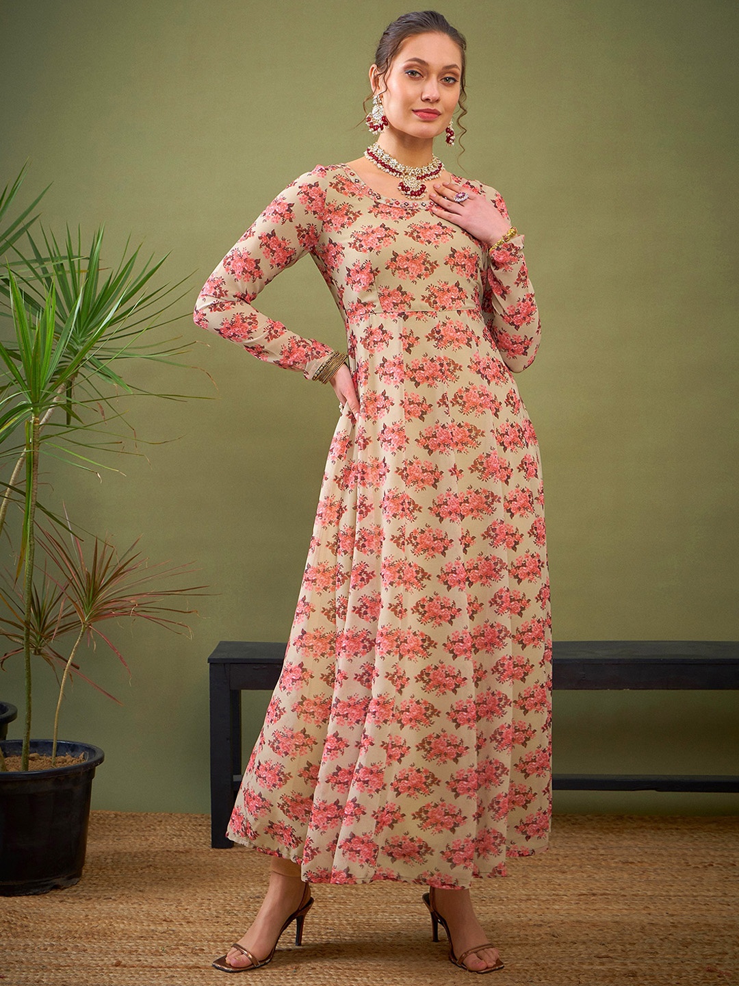 

Shae by SASSAFRAS Women Floral Printed Thread Work Floral Georgette Kurta, Beige