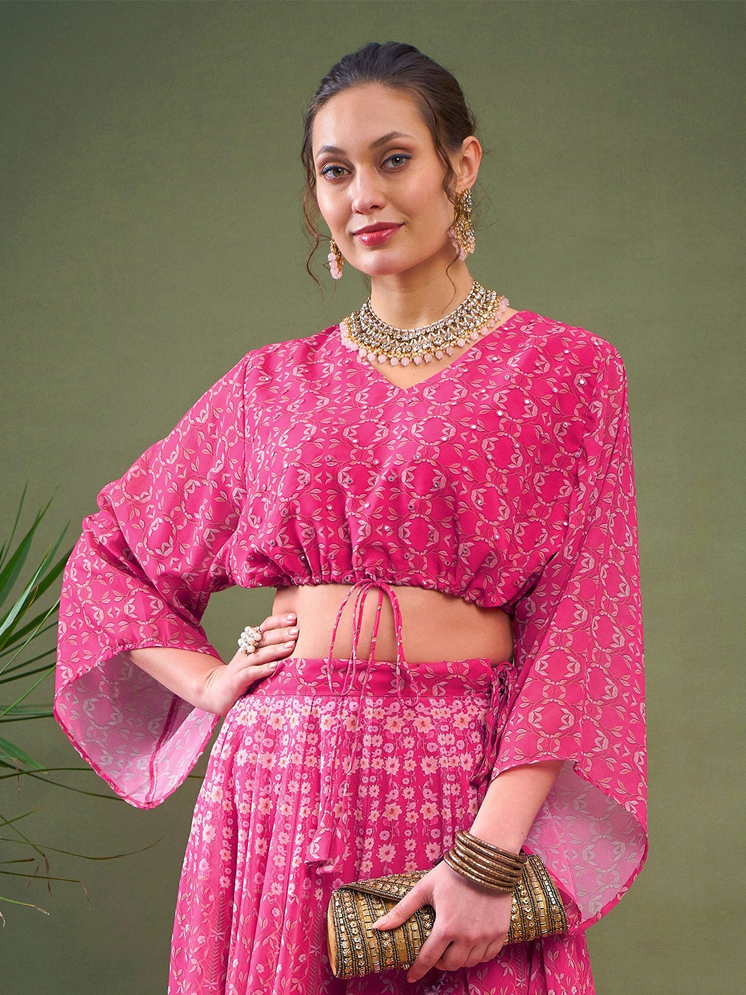 

Shae by SASSAFRAS Floral Print Flared Sleeve Georgette Kaftan Top, Pink