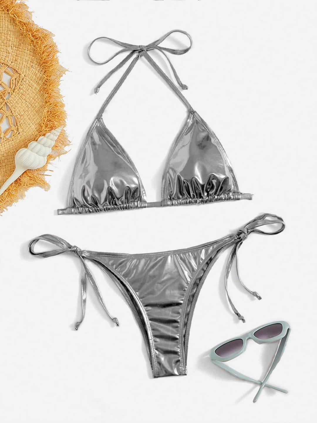 

VAGHBHATT Halter Neck Swim Bikini Set, Silver