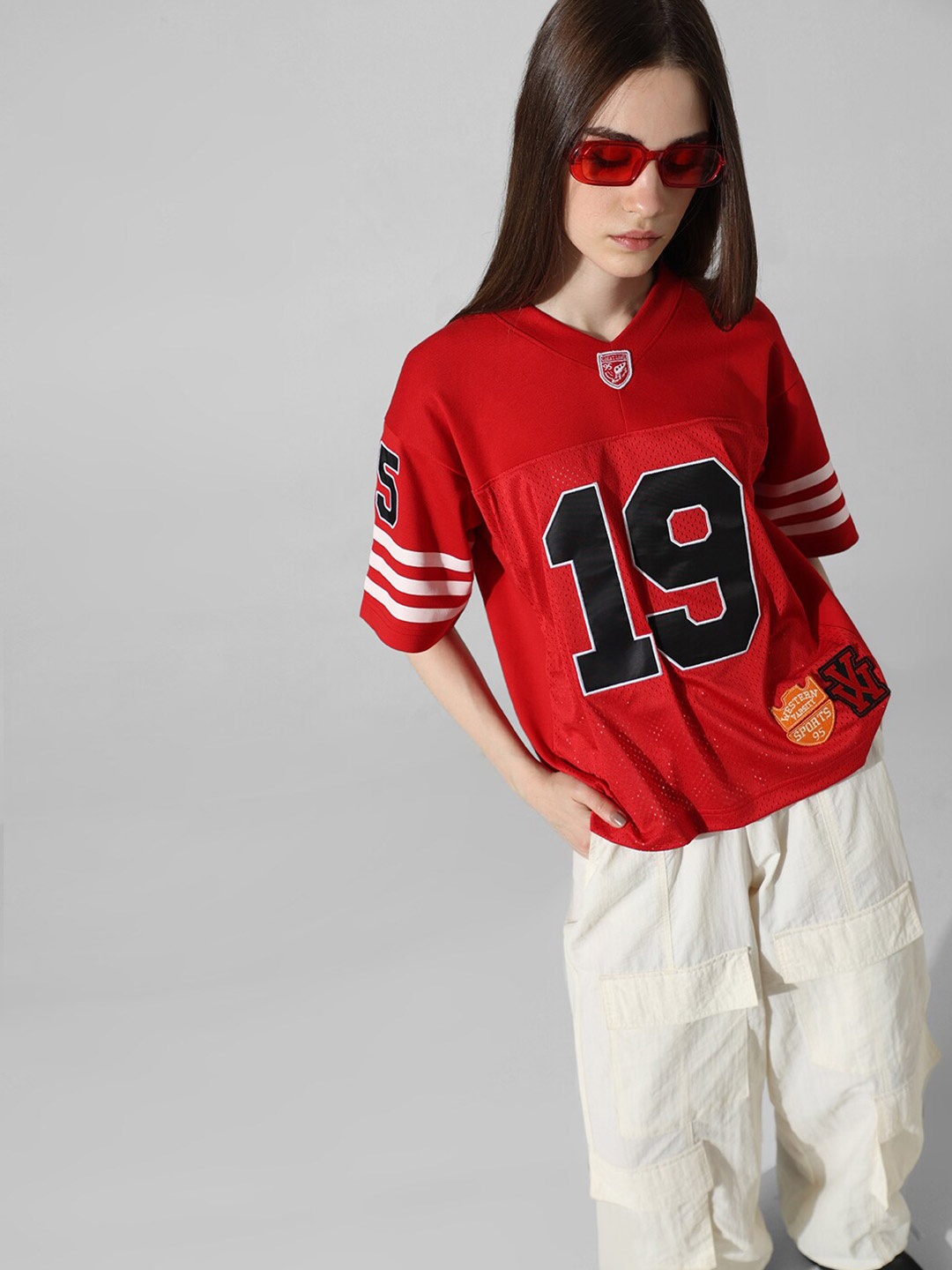 

ONLY Women Varsity Printed Applique T-shirt, Red
