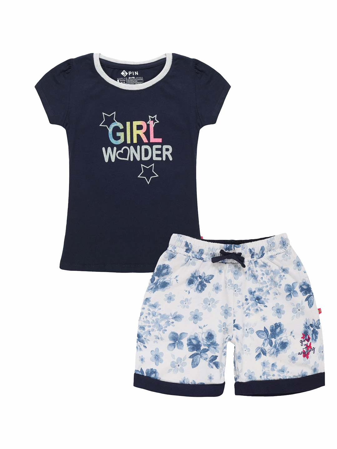 

3PIN Girls Printed Pure Cotton T-shirt with Shorts, Blue