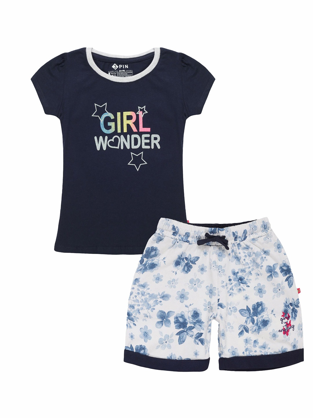 

3PIN Girls Printed Pure Cotton T-shirt with Shorts, Black