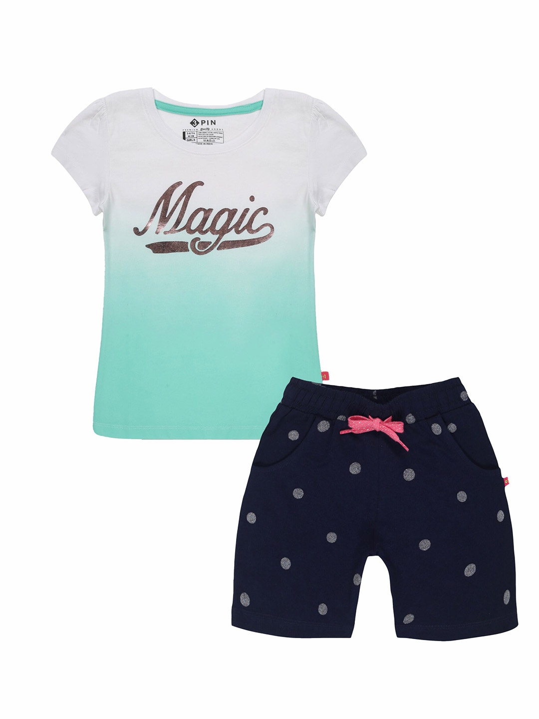 

3PIN Girls Printed Pure Cotton T-shirt with Shorts, Green