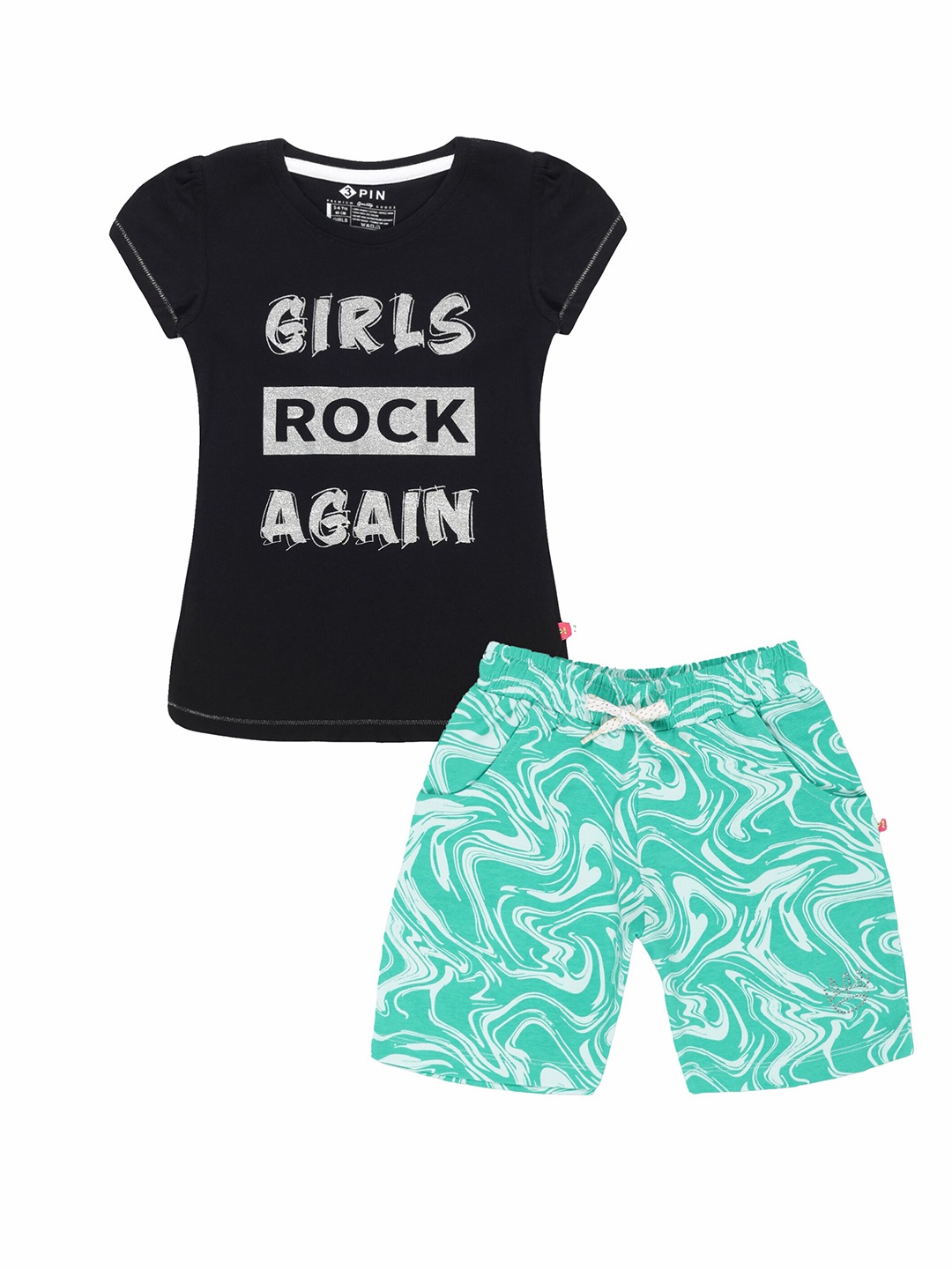 

3PIN Girls Printed Pure Cotton T-shirt with Shorts, Green