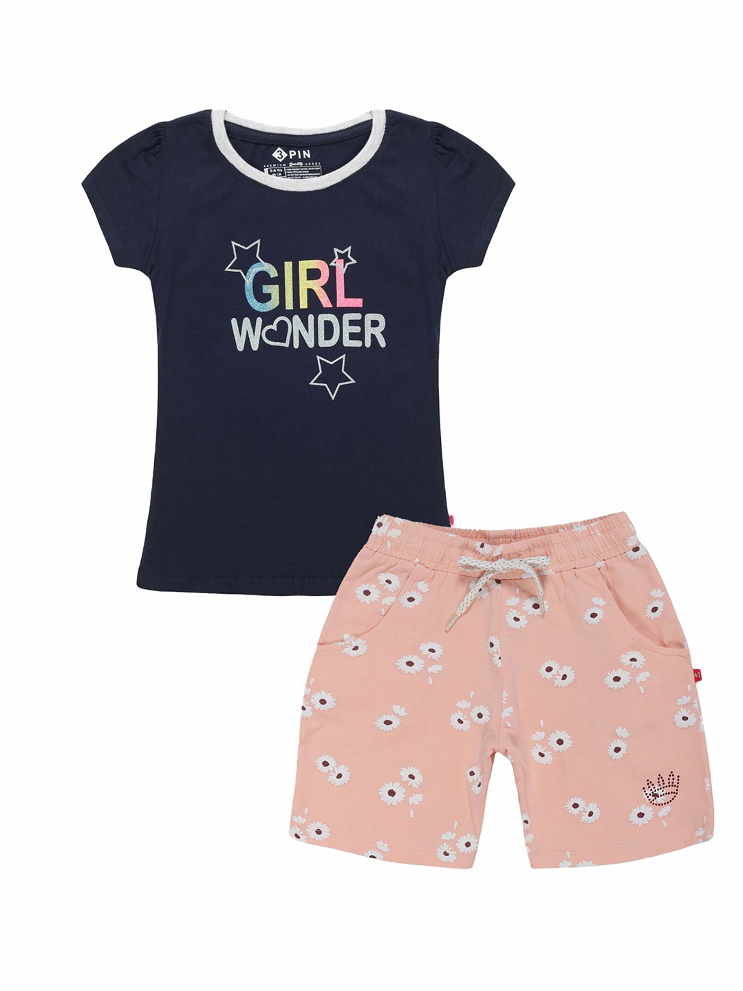 

3PIN Girls Typography Printed Pure Cotton T-shirt with Shorts, Navy blue