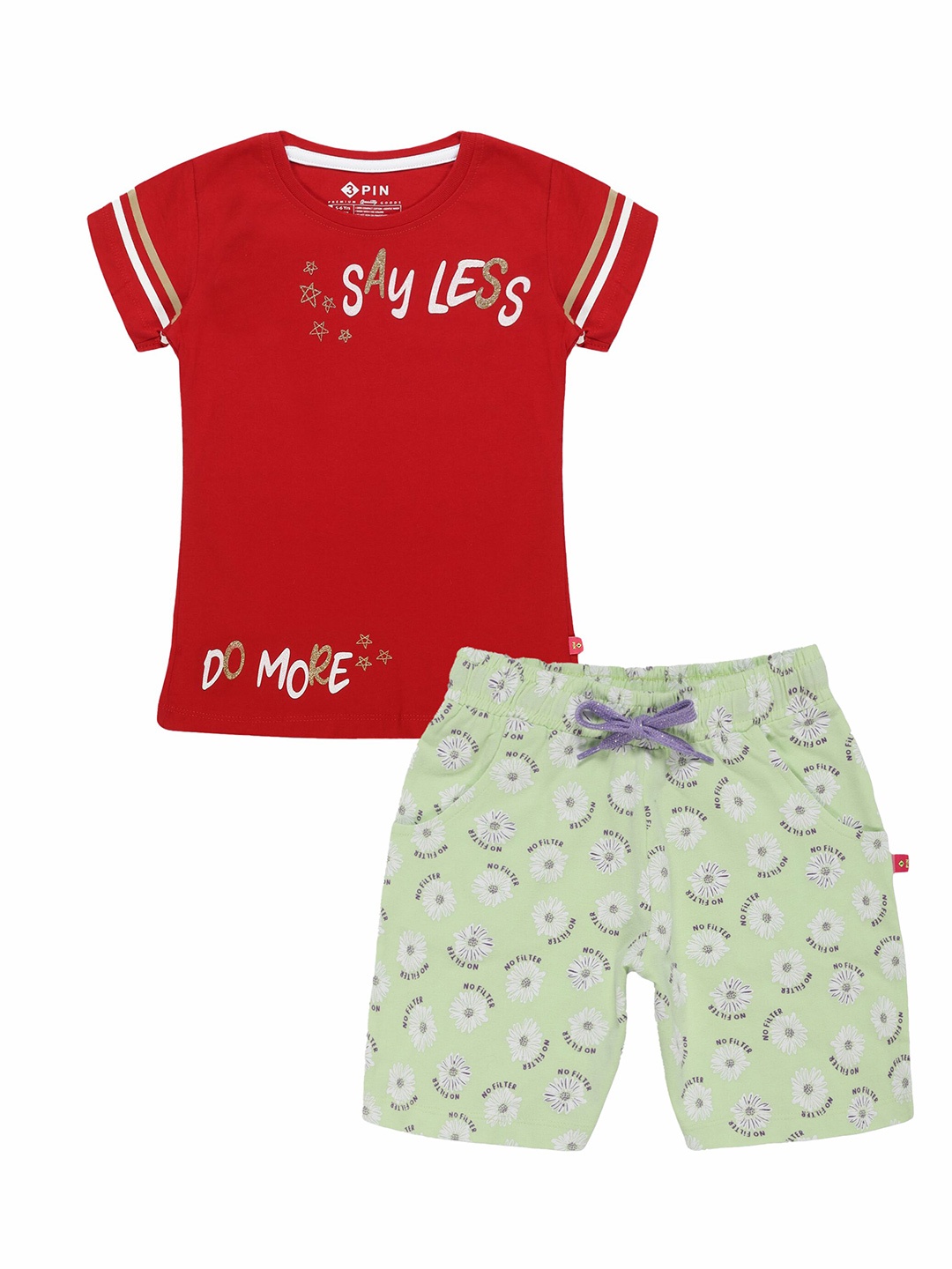 

3PIN Girls Printed Pure Cotton T-shirt with Shorts, Red