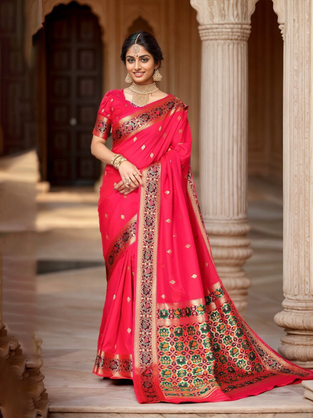 

KALINI Ethnic Motifs Woven Design Zari Banarasi Saree, Pink