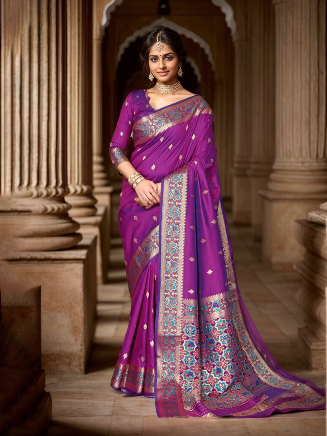 

KALINI Ethnic Motifs Woven Design Zari Banarasi Saree, Purple