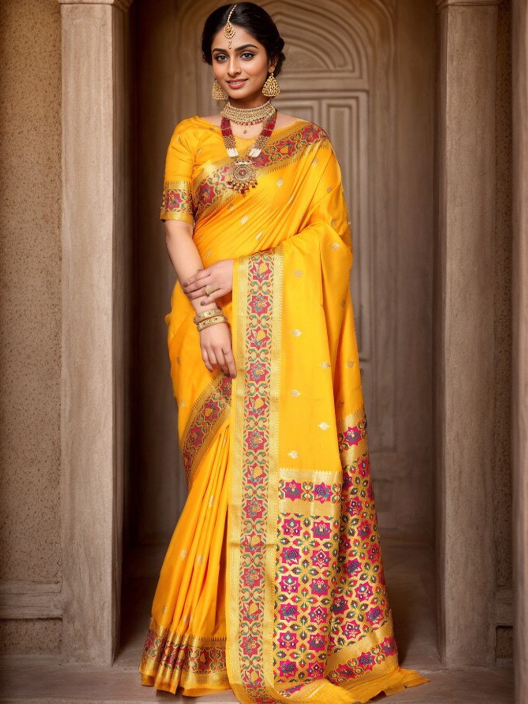 

KALINI Ethnic Motifs Woven Design Zari Banarasi Saree, Yellow