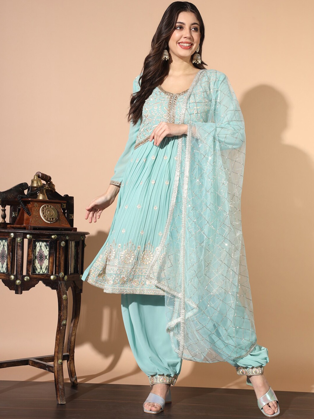 

Chhabra 555 Embroidered V-Neck Alia Style Kurta With Salwar & Dupatta, Turquoise blue