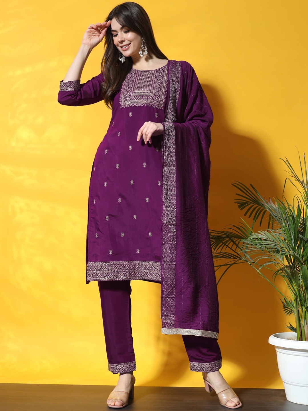 

Chhabra 555 Yoke Design Kurta Trousers & Dupatta Sets, Purple