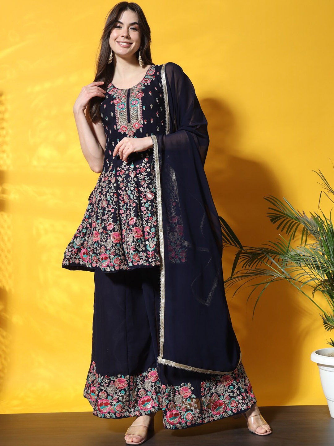 

Chhabra 555 Floral Embroidered Kurta Palazzos & Dupatta Sets, Navy blue