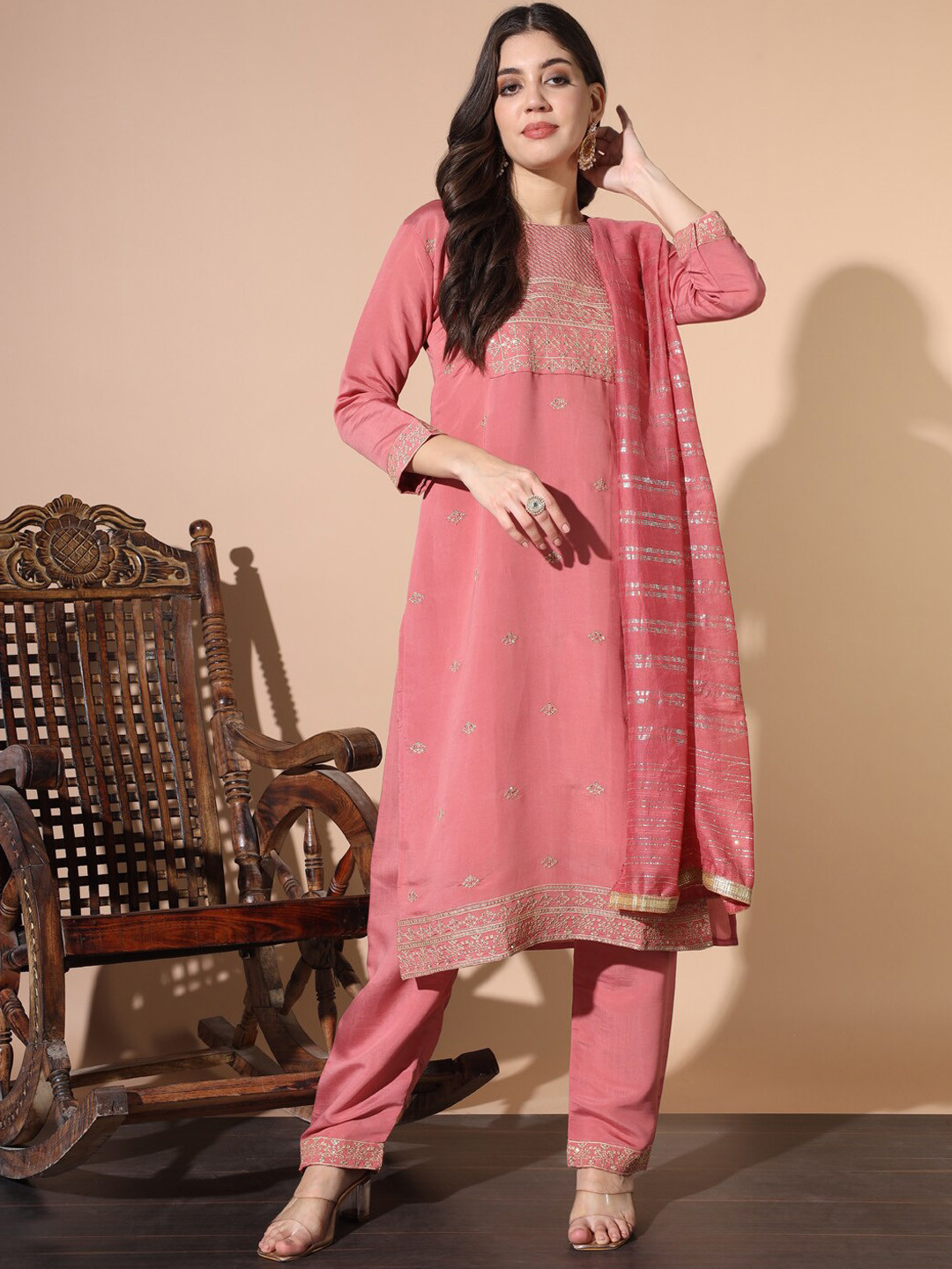 

Chhabra 555 Yoke Design Round Neck Kurta With Trousers & Dupatta, Pink