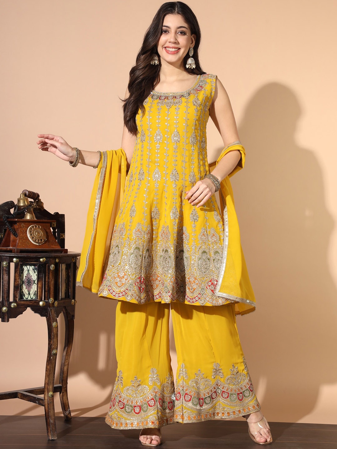

Chhabra 555 Embroidered Peplum Style Kurta With Palazzo & Dupatta, Yellow