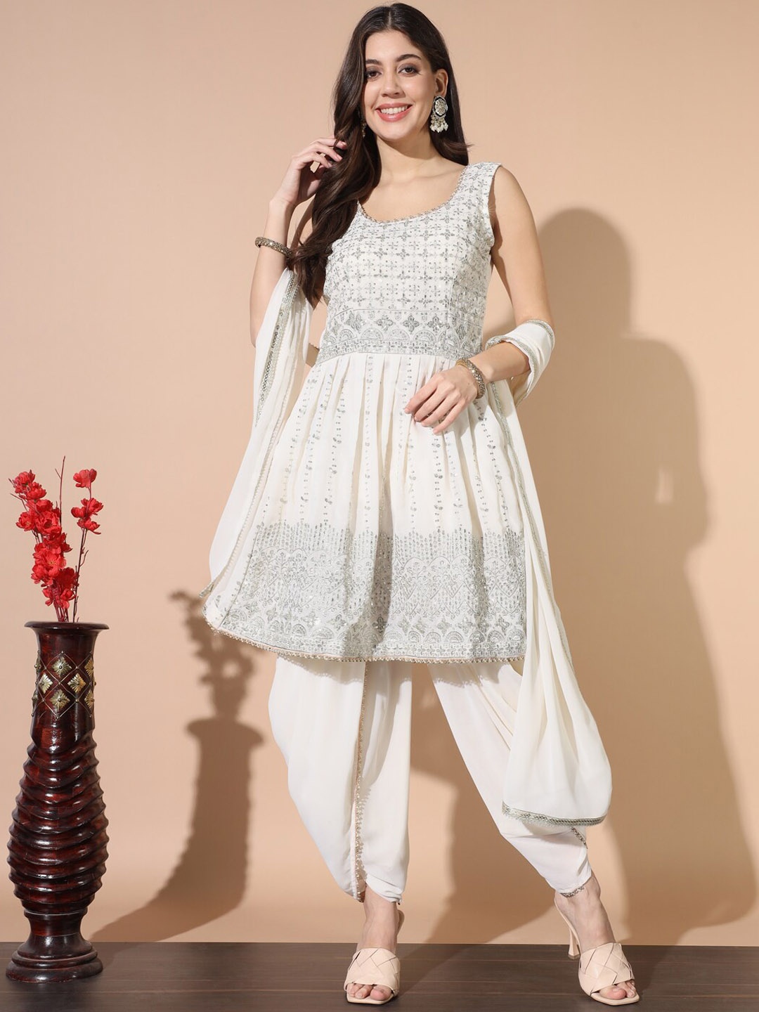 

Chhabra 555 Ethnic Motifs Embroidered Kurta With Dhoti Pants & Dupatta, Cream