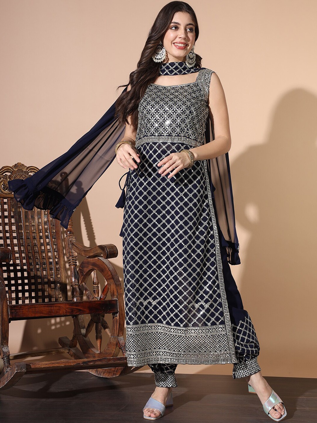 

Chhabra 555 Checked Embroidered Square Neck Sleeveless Afghan Kurta Set, Navy blue