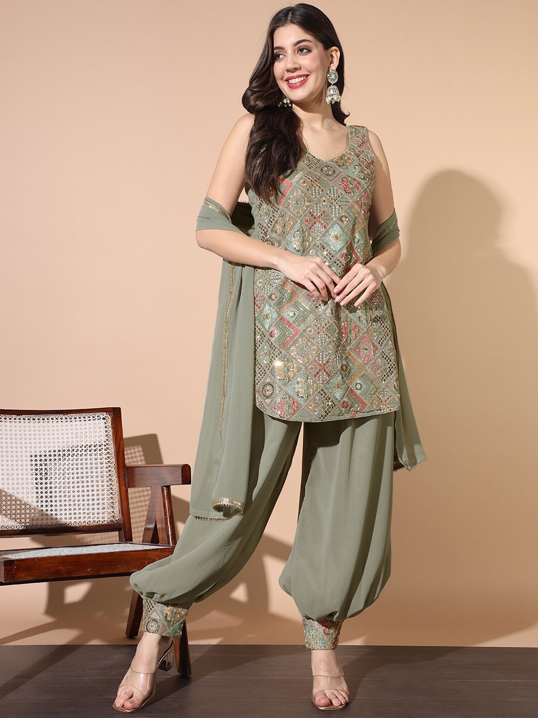 

Chhabra 555 Quirky Embroidered V-Neck Sleeveless Kurta With Harem Pant & Dupatta, Olive