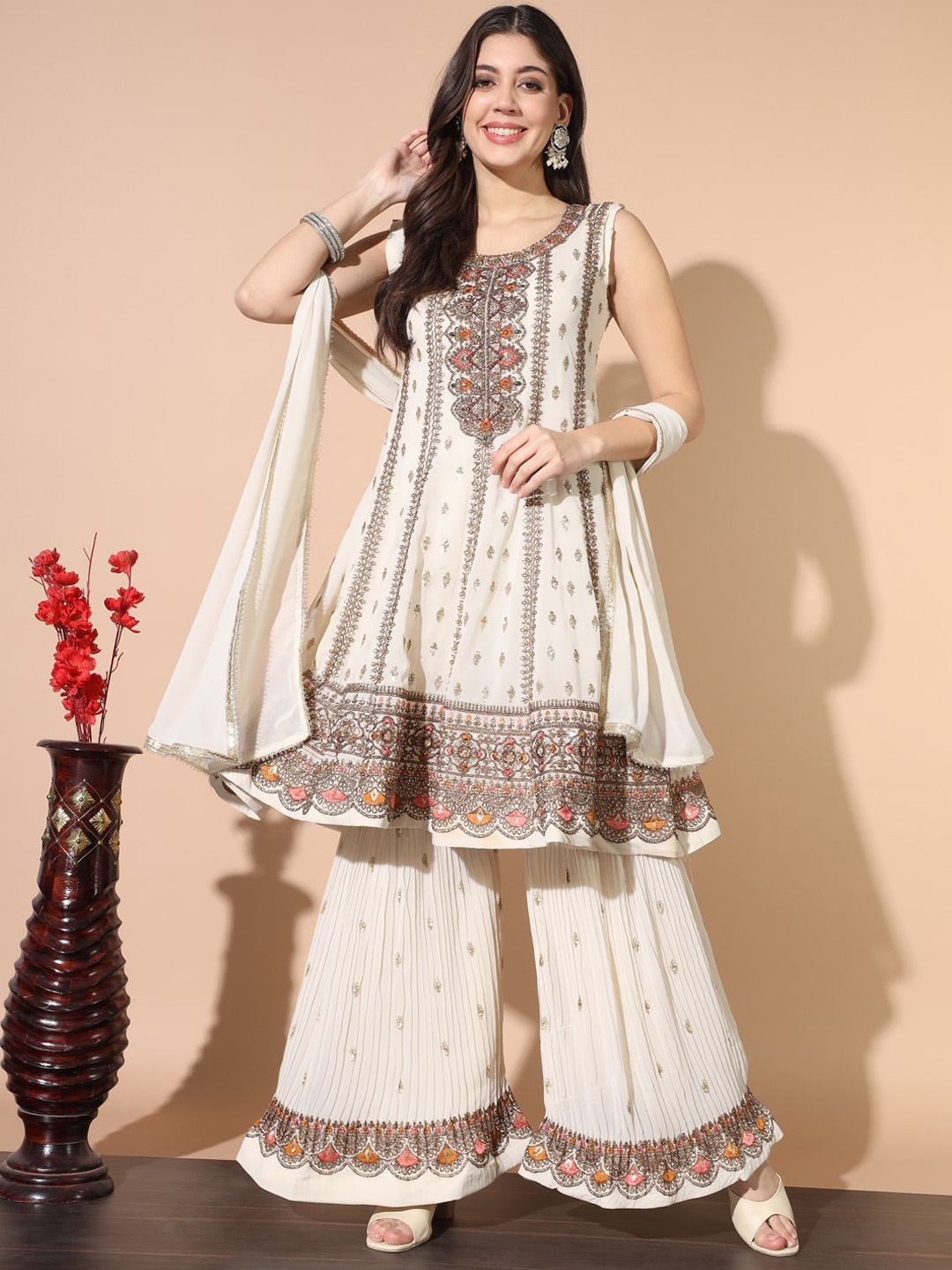 

Chhabra 555 Embroidered Round Neck A-Line Kurta With Palazzos & Dupatta, Off white