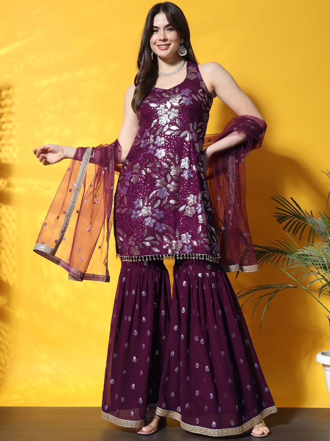 

Chhabra 555 Embroidered Round Neck Kurti With Sharara & Dupatta, Purple