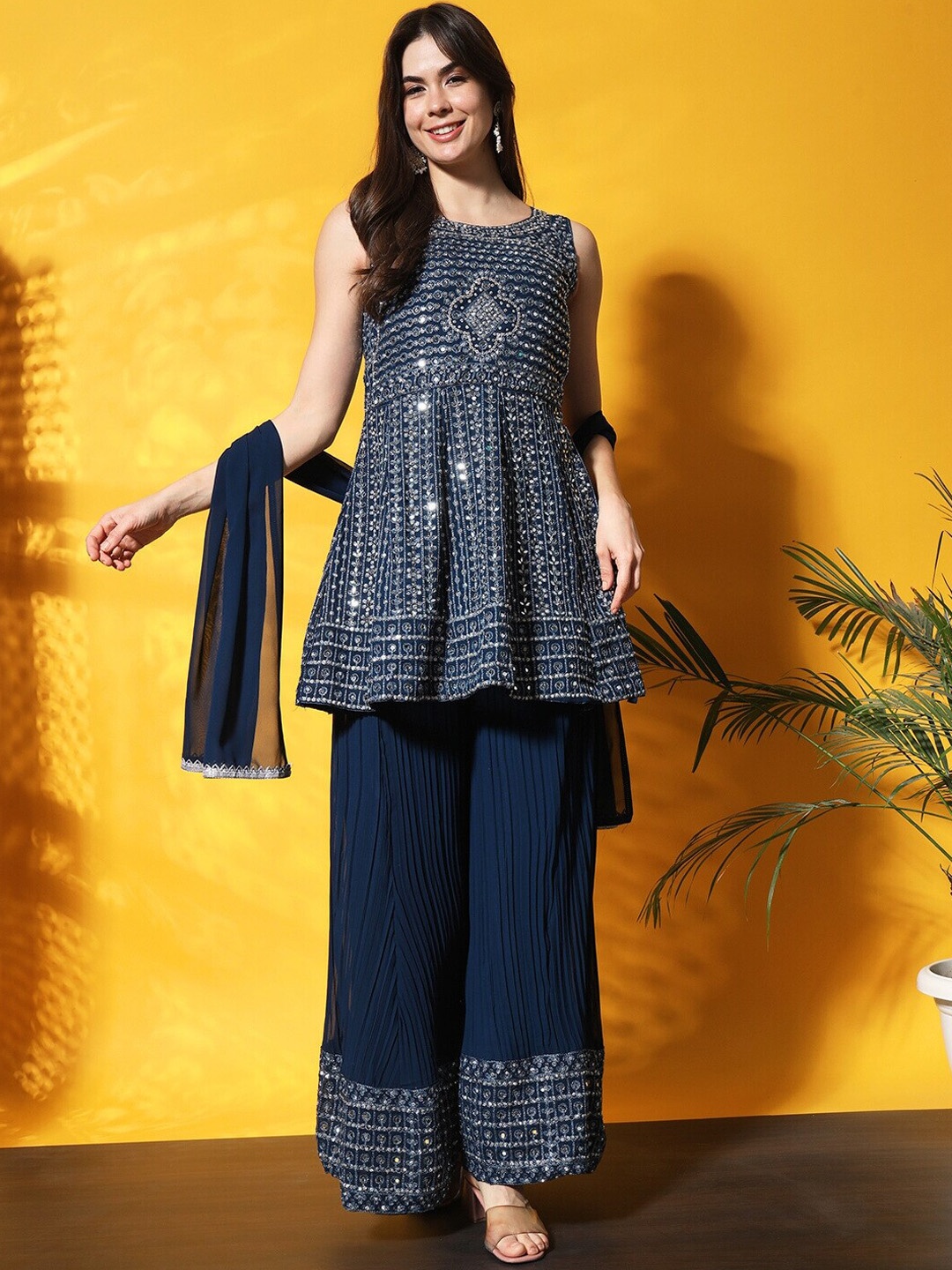 

Chhabra 555 Embroidered A-Line Kurti With Palazzo & Dupatta, Blue