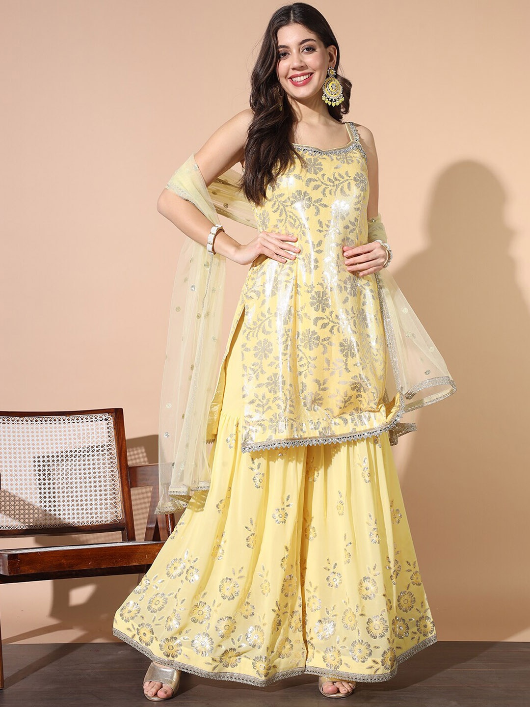 

Chhabra 555 Sequin Embroidered Round Neck Kurta With Sharara & Dupatta, Yellow